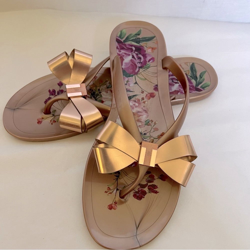 Ted Baker Golden/Copper Like Colored Thong Jelly Sandals with Bow Embellishments